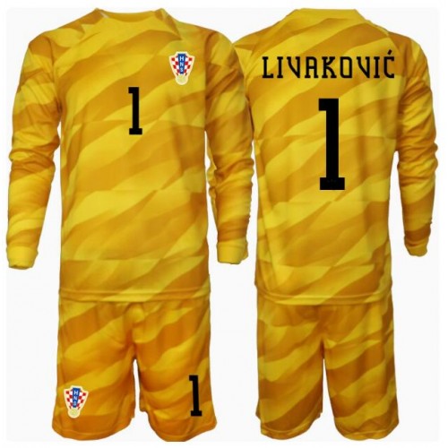 Dětský Fotbalový dres Chorvatsko Dominik Livakovic #1 Brankářské ME 2024 Domácí Dlouhý Rukáv (+ trenýrky)